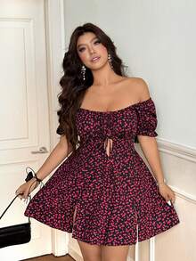 Vionelle Vestido con hombros descubiertos y lazo para tallas grandes - Negro - Ver 4