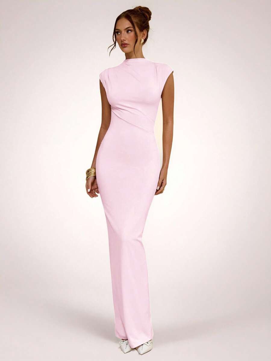 SHEIN BAE Apricot Asymmetric Ruched Bodycon Dress, Elegant Basic Minimalist Long Dress, Spring/Summer,Summer Dresses For Women - Coral Pink - View 1