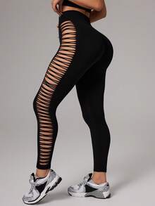 Velisys Seamless Sports Yoga Leggings/Hollow-Out Side Design/High Waist Tummy Control Lifting/Fashionable Sexy/Fitness Workout/Outdoor Running/Comfortable/Moisture Wicking - Multicolor - View 2