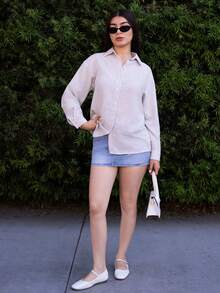 Andrea Bello 女式条纹印花纽扣前襟宽松休闲长袖衬衫秋季 - 黑色 - 查看 1