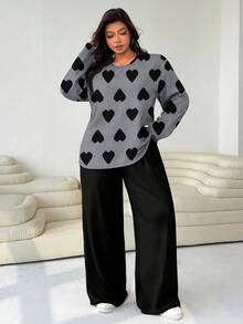 Solflare 两件套加大码女式爱心印花宽松圆领T恤和直筒裤 - 彩色 - 查看 3