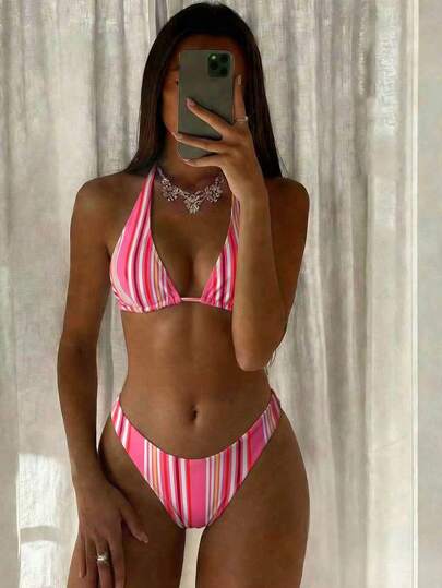 Swim Mod 2pcs/Set Women Summer Beach Vacation Swimsuit, Cute Random Print Triangle Top With Tie And Bikini Bottom, Ladies Swimwear Set