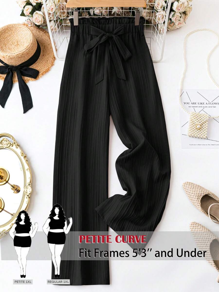 SHEIN PETITE CURVE 大码弹力腰休闲裤 - 黑色 - 查看 1