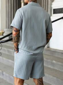 Manfinity Homme Men's Mature Vacation Casual Front Button Shirt And Shorts Set - Light Grey - View 2
