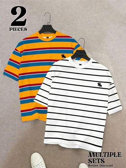 Manfinity Homme Set de 2 camisetas clásicas a rayas para hombres de talla grande