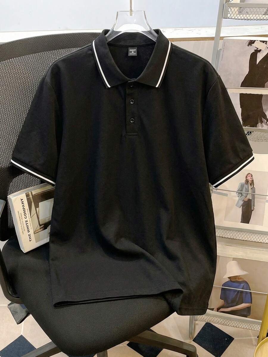 Manfinity Joysei 大码男士条纹短袖休闲通勤Polo衫男士Polo衫男士T领T恤男士高尔夫衬衫双面印花衬衫T恤 - 黑色 - 查看 1