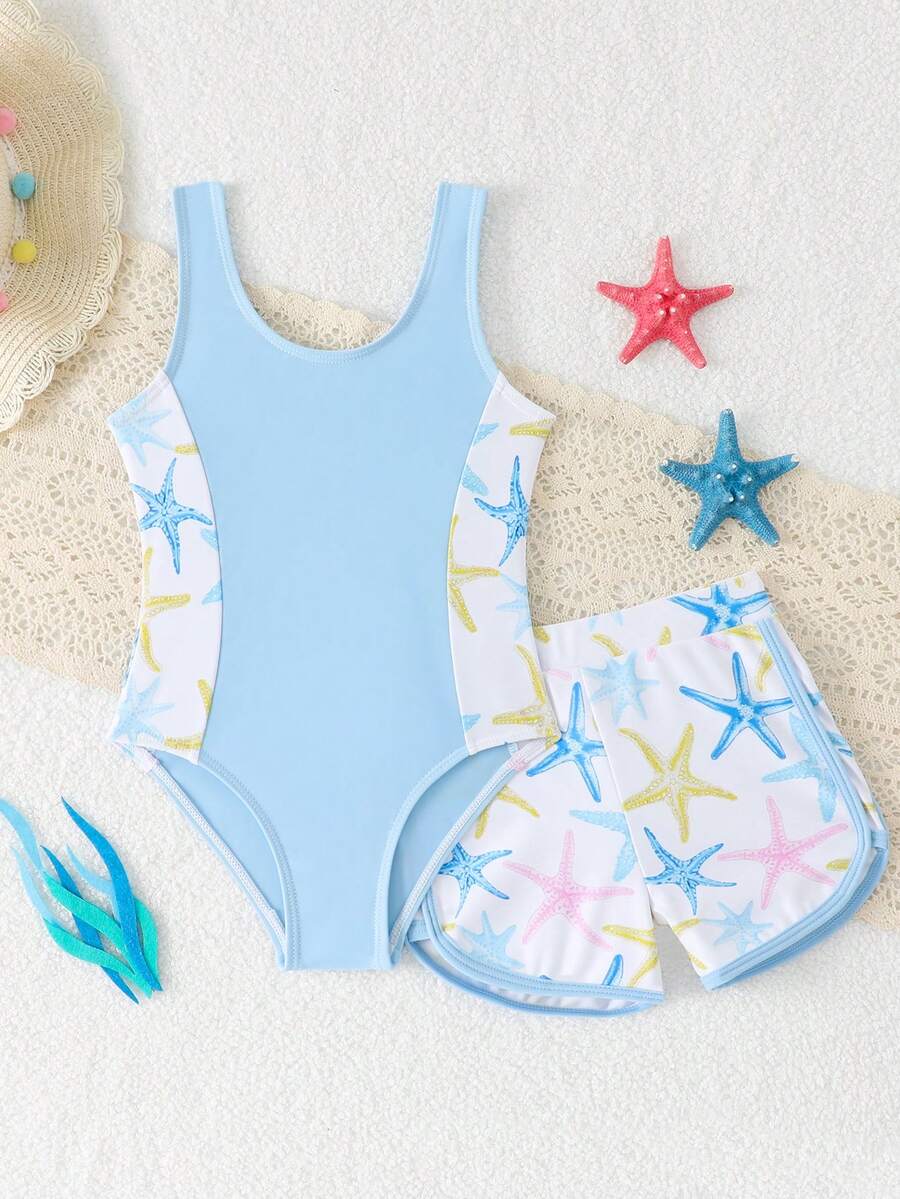 SHEIN Baju Renang Terusan dan Celana Pendek Motif Bintang Laut untuk Anak Perempuan, Pakaian Pantai Anak untuk Musim Panas, Pantai, Liburan, Pesta Kolam Renang, Baju Renang Tankini - Baby Blue - View 1