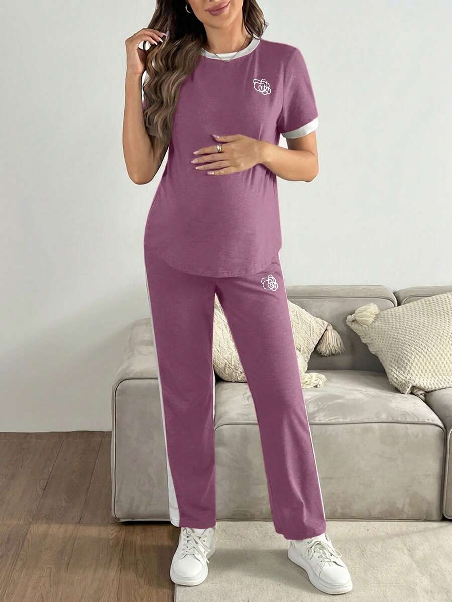 SHEIN 舒适休闲撞色短袖上衣和裤子孕妇套装 - 紫色 - 查看 1