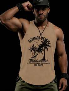 GymBeat Áo tank top thể thao mùa hè cổ tròn in chữ và cây cỏ - Màu Khaki - Xem 5