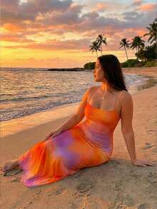 Veykashi Vestido naranja con efecto tie-dye sexy y elegante para mujer de talla grande, con espalda descubierta y tirantes anudados. Vestido de verano, vestido de playa, atuendo de playa, vestido de fiesta, vestido de invitada de boda, vestido de cumpleaños, vestido de festival de música. - Multicolor - Ver 4
