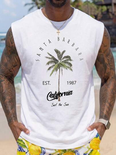 Manfinity ZONE917 Men's Coconut Tree Print Graphic Vacation Formal Sleeveless Tank Top, For Vacation, Rave, Family Matching