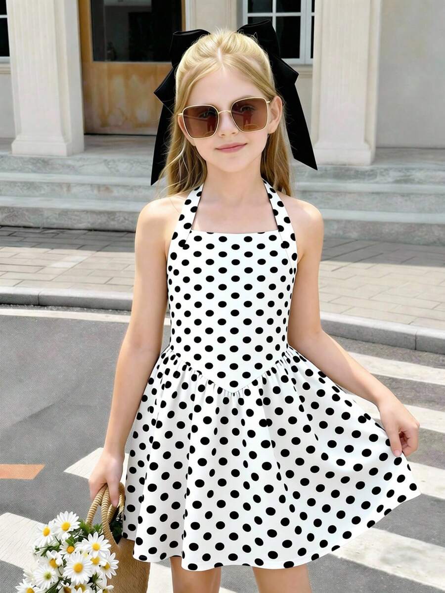 SHEIN Đầm chấm bi cổ yếm eo thấp xếp nếp cho bé gái tuổi teen, thích hợp mặc đi nghỉ mát mùa hè. - trắng - Xem 1