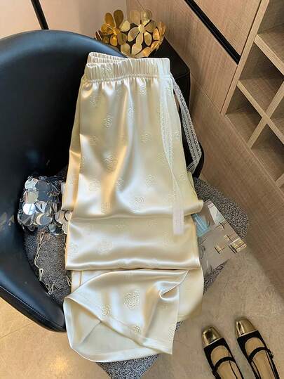 GlowEve Embossed Embossed Satin Fabric Lace-Up Elastic Waist Loose Women Casual Pants