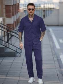 Manfinity Homme 男士简约纯色华夫格纹衬衫和裤子套装 - 紫色 - 查看 5