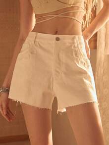 MOTF STUDIO 女士棉质刺绣百搭牛仔短裤 - 白色 - 查看 2