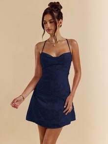SHEIN BAE Đầm mini dáng chữ A màu hồng trơn ôm sát, hở lưng, buộc dây, chất liệu vải dệt họa tiết, dành cho nữ, thích hợp cho mùa xuân/hè. - Màu xanh hải quân - Xem 7