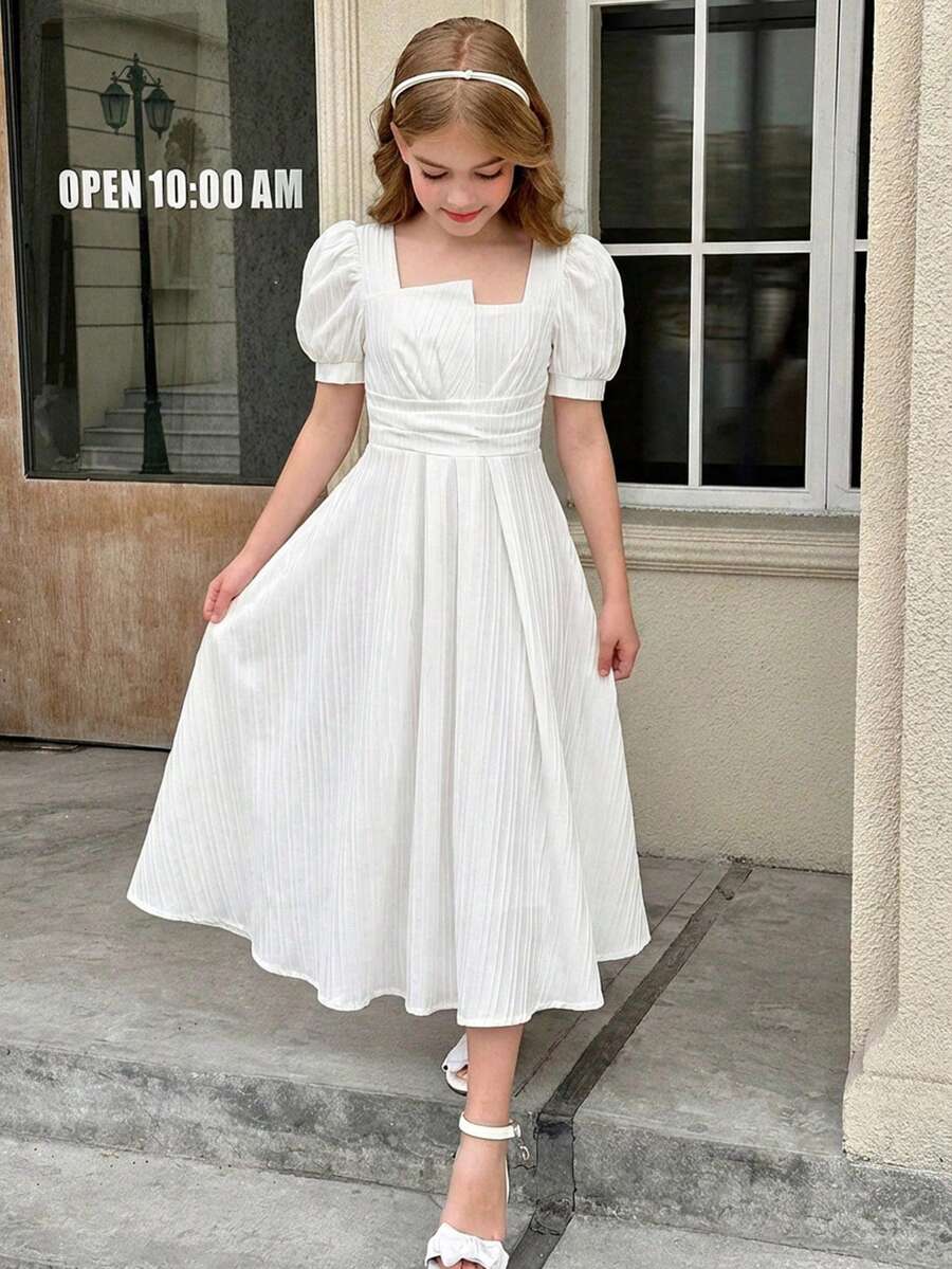SHEIN Serisse Kids 少女优雅休闲街头提花纹理方领泡泡袖连衣裙,白色,春夏款 - 白色 - 查看 1