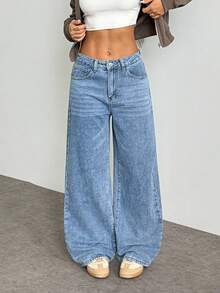 SHEIN Essnce 女士休闲水洗阔腿牛仔裤 - 淺色水洗藍 - 查看 1