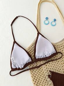 少女纯蓝色针织纹理贝壳装饰夏季沙滩鞭形露背细肩带三角比基尼套装，夏季沙滩泳装 - 棕色 - 查看 5