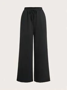SHEIN Tall CURVE 大码女式纯色抽绳腰阔腿宽松休闲运动裤 - 彩色 - 查看 6