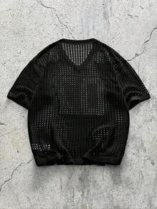 EVRINFINITE 男士V领短袖镂空休闲针织上衣 - 黑色 - 查看 2