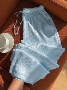 SHEIN EZwear 女士休闲浅蓝色豹纹抽绳腰宽松阔腿裤 - 藍色 - 查看 3
