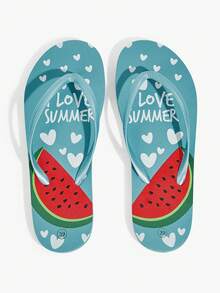 Grefit 女士新款夏季鞋履，防水防滑，可爱西瓜爱心印花露趾凉鞋，甜美百搭，平底休闲橡胶EVA塑料人字拖，日常居家沙滩度假凉鞋，泳池派对拖鞋 - 水鴨藍 - 查看 5