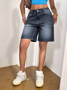 StreetHx Quần short denim in họa tiết phong cách đường phố thường ngày dành cho nữ. - Rửa tối - Xem 5