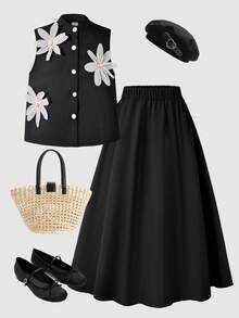 SHEIN ChillGRL 女孩兩件套，無袖假領開襟背心搭配花瓣圖案與純色 A 字裙，黑白配色夏季茶會套裝 - 黑色 - 查看 3