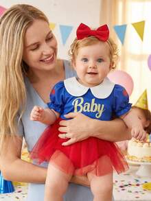 SHEIN Playful Pals 女婴爱心印花短袖网纱连体衣，配蝴蝶结发带，时尚可爱独特设计 - 紅色 - 查看 6