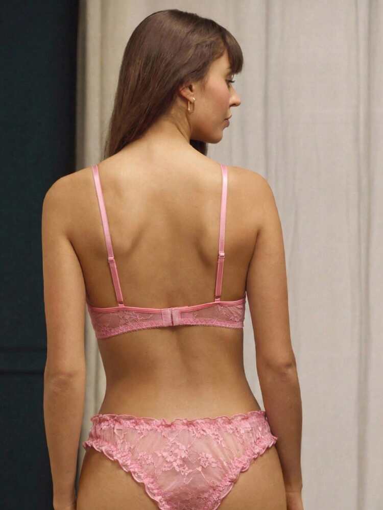 Pink Lace Ruffle Lingerie Set With Bandeau Bra And Matching Panties Spring Summer Sexy Chic Lingerie Set Lace Lingerie