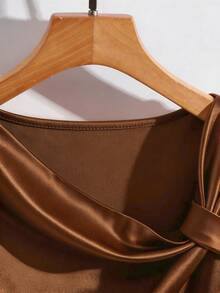 Franclia Women's Asymmetrical Neck T-Shirt, Women's Knit Rib Elastic Fitted T-Shirt - Coffee Brown - View 6