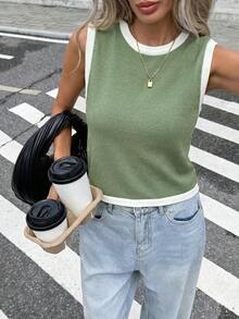 Áo len nữ cổ tròn không tay, phối màu tương phản, thắt nơ phía trước, kiểu dáng thường ngày. - màu xanh lá - Xem 7