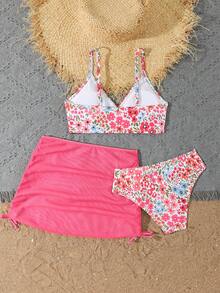 SHEIN Tween Girl Floral Print Tankini Swimsuit Set With Matching Cover-Up And Skirt, 3-Piece - Pink - View 2