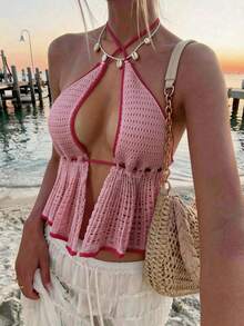 Aloruh Áo hai dây dệt kim phối màu hở lưng dành cho nữ, áo kiểu trễ vai cổ yếm hở lưng, thích hợp cho mùa xuân/hè. - Hồng - Xem 3