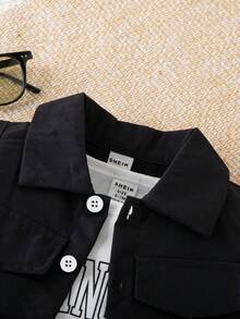 SHEIN 3pcs Baby Boy Casual Cool Sports Letter Print Short Sleeve T-Shirt, Button-Up Vest Jacket And Cargo Pants Set, Spring/Summer/Autumn - Black and White - View 6