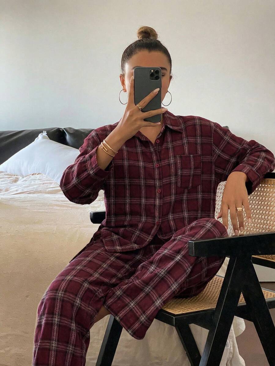 Women's Plaid Pajama Set, Loose Fit, Suitable For Autumn/Winter And Christmas - Burgundy - View 1