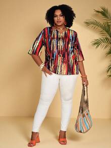 EMERY ROSE 大码女式V领条纹短袖休闲衬衫 - 彩色 - 查看 4