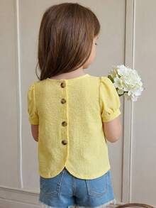 Emery Rose Kids Áo kiểu tay phồng ôm dáng thoải mái cho bé gái, màu vàng đơn giản, thích hợp cho các hoạt động ngoài trời mùa xuân/hè. - Màu vàng - Xem 2