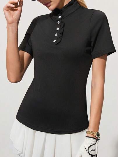 CourtClass 女士纯色纽扣半开襟短袖高尔夫球衫
