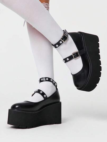 ROMWE Grunge Punk Women's Shoes Fashion Platform Shoes - Summer Casual Punk Style Round Toe Buckle Rivet Decoration Lame Heel Shoes - Comfortable And Simple Women's Slip-On Y2K 2000s Style