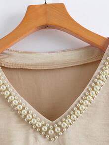 GlowEve Women's Elegant Casual Apricot Pearl Design Petal Sleeve Fitted Short Sleeve Blouse, Spring/Summer - Apricot - View 3