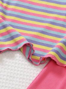2 pièces Top rayé coloré décontracté pour jeunes filles assorti avec un pantalon large rose, Top assorti avec des fleurs 3D violettes. Convient pour le port quotidien, le parc, les voyages, la rentrée scolaire - Rose vif - Voir 10