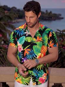 Maristyn Men's Tropical Hawaiian Shirt: Vibrant Floral & Pineapple Print Short Sleeve Button Down Shirt Regular Fit Woven Fabric For Summer, Luau Shirt, Men Tropical Shirts, Hawaii Shirt For Men, Pineapple Shirt Men - Multicolor - View 5
