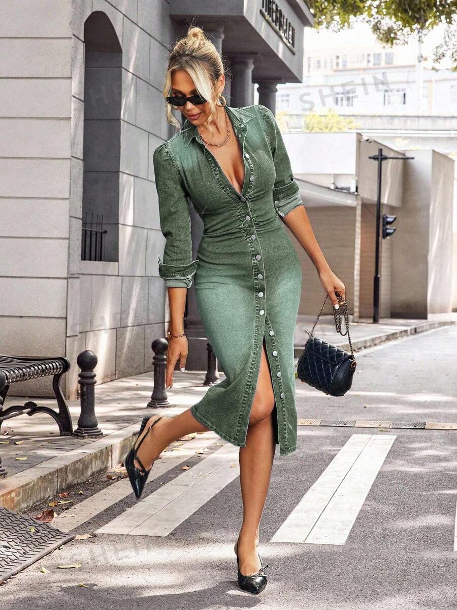 EMERY ROSE Plus Size Fashionable Commuter Fitted Front Button Denim Dress - Green - View 1