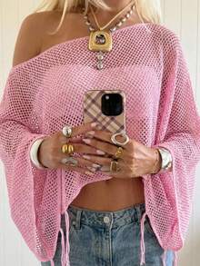 SHEIN EZwear 女士度假休闲纯色镂空露肩毛衣 - 粉色 - 查看 8