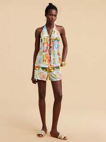 SHEIN TRVLCHIC Women's Vacation Casual Fish Stripe Print Halter Top And Shorts 2 Pieces Set Daily Wear Casual Summer New Arrival Vacation Outfit Beach Outfit - Multicolor - View 7