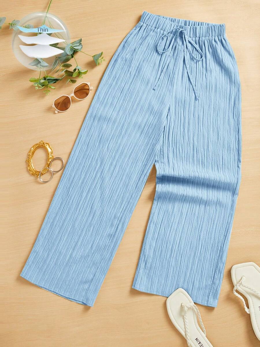 SHEIN Essnce Pantalones capri de pierna ancha con cintura elástica y textura, de estilo casual de verano - Celeste - Ver 1