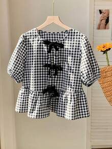 SHEIN Nova Glow 青少年女孩復古時尚千鳥格天鵝絨蝴蝶結寬鬆主教袖襯衫 - 黑與白 - 查看 3