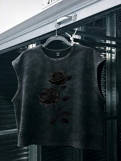 Manfinity EMRG Unisex Vintage Rose Print Washed Cotton Cropped Tank Top, Music Festival Vest